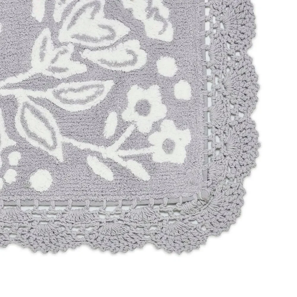 The Pioneer Woman Mazie Two-Color Floral Crochet Soft Silver Cotton Bath Rug NWT